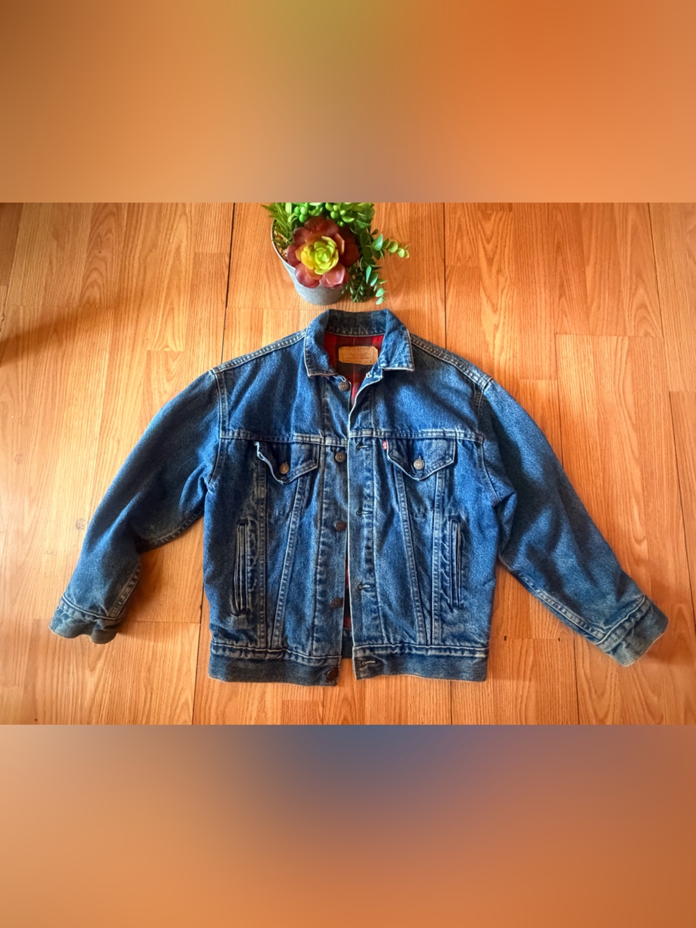 Vintage Levi Strauss Jacket Denim Trucker 0514 Red Plaid Lining Small-fitting M